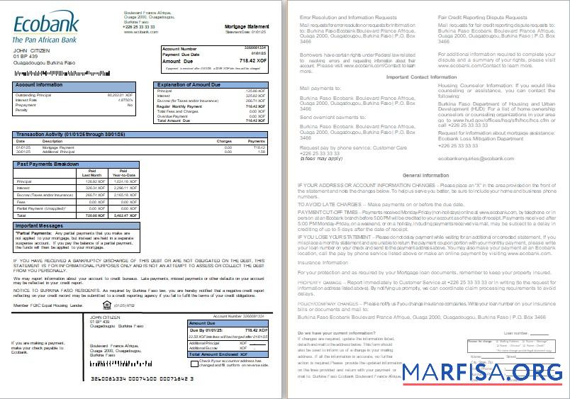 Realistic Burkina Faso Ecobank bank mortgage statement, 2 pages, 1 2 scr sample